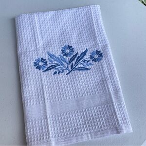 Corningware CornFlower Waffle Kitchen White Towel with Blue Floral Embroidery